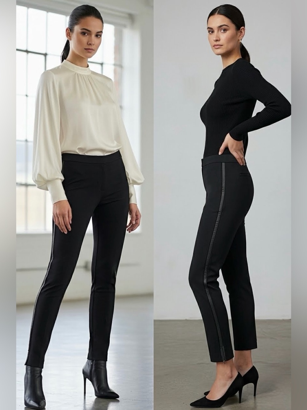 St John Collection Black Wool Leather Trim Tuxedo Cigarette Pants 6 Pre-Fall 14